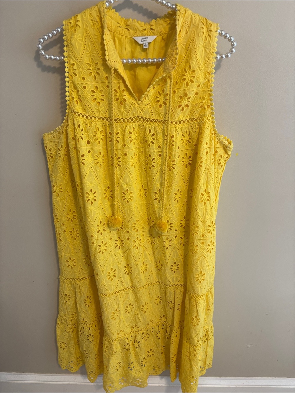 Crown & Ivy Yellow Eyelet Dress Size L 100% Cotton Sleeveless Pom Pom Tie Tiered